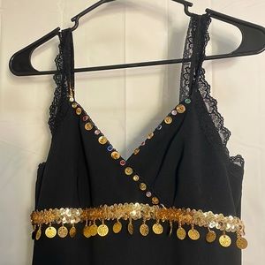 Black dress embellished with bohemian style coins and dazzle 90 s